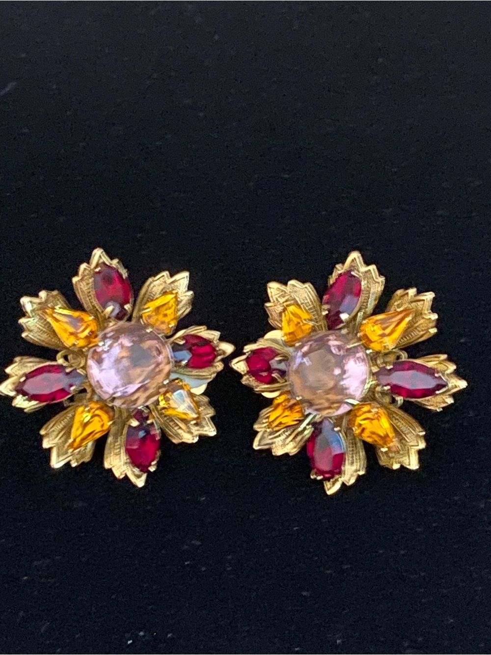 R.J. Graziano Gold Floral Earrings with Pink, Yellow & Red Crystals